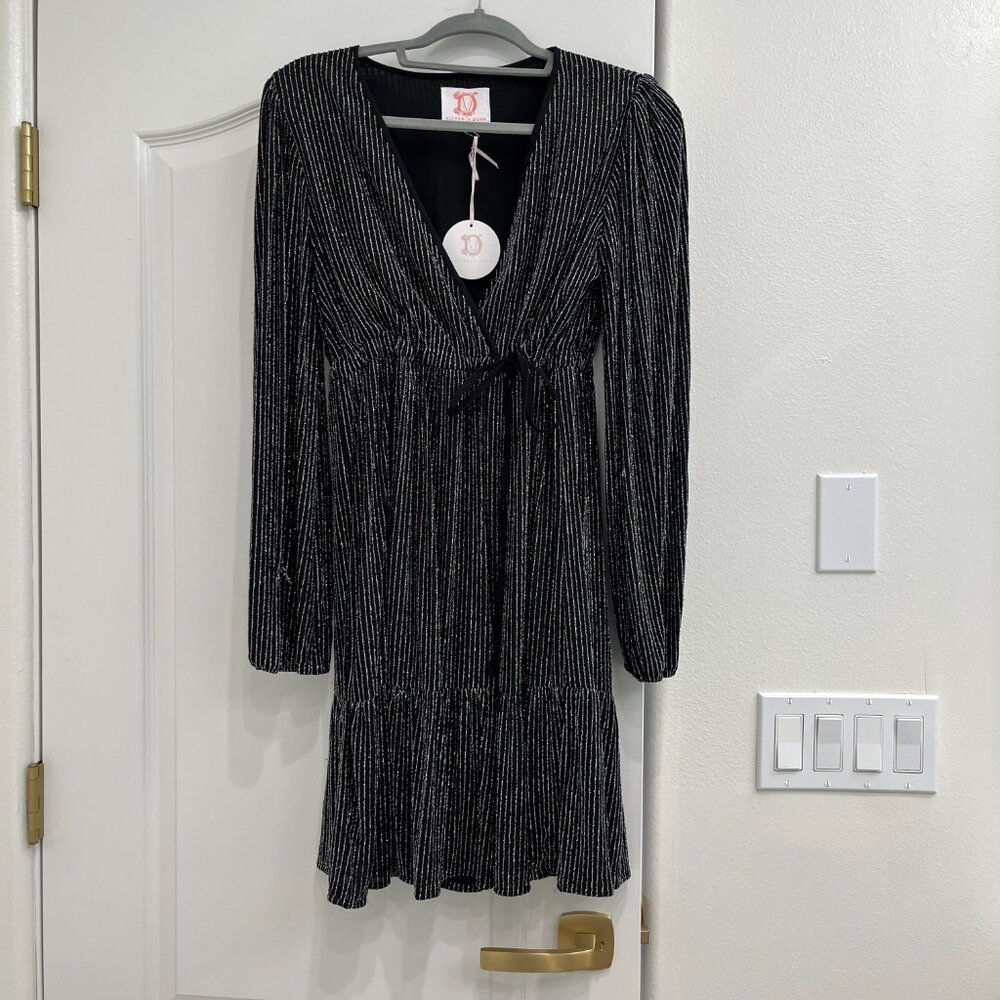 Victoria Dunn Black & Silver Longsleeve Hilton Mini Dress with Tie